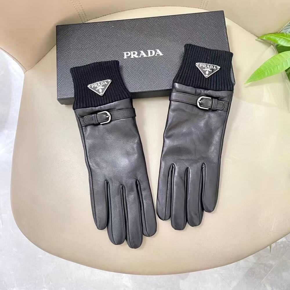 Prada Black Leather Knit Cuff Triangle Logo Winter Gloves